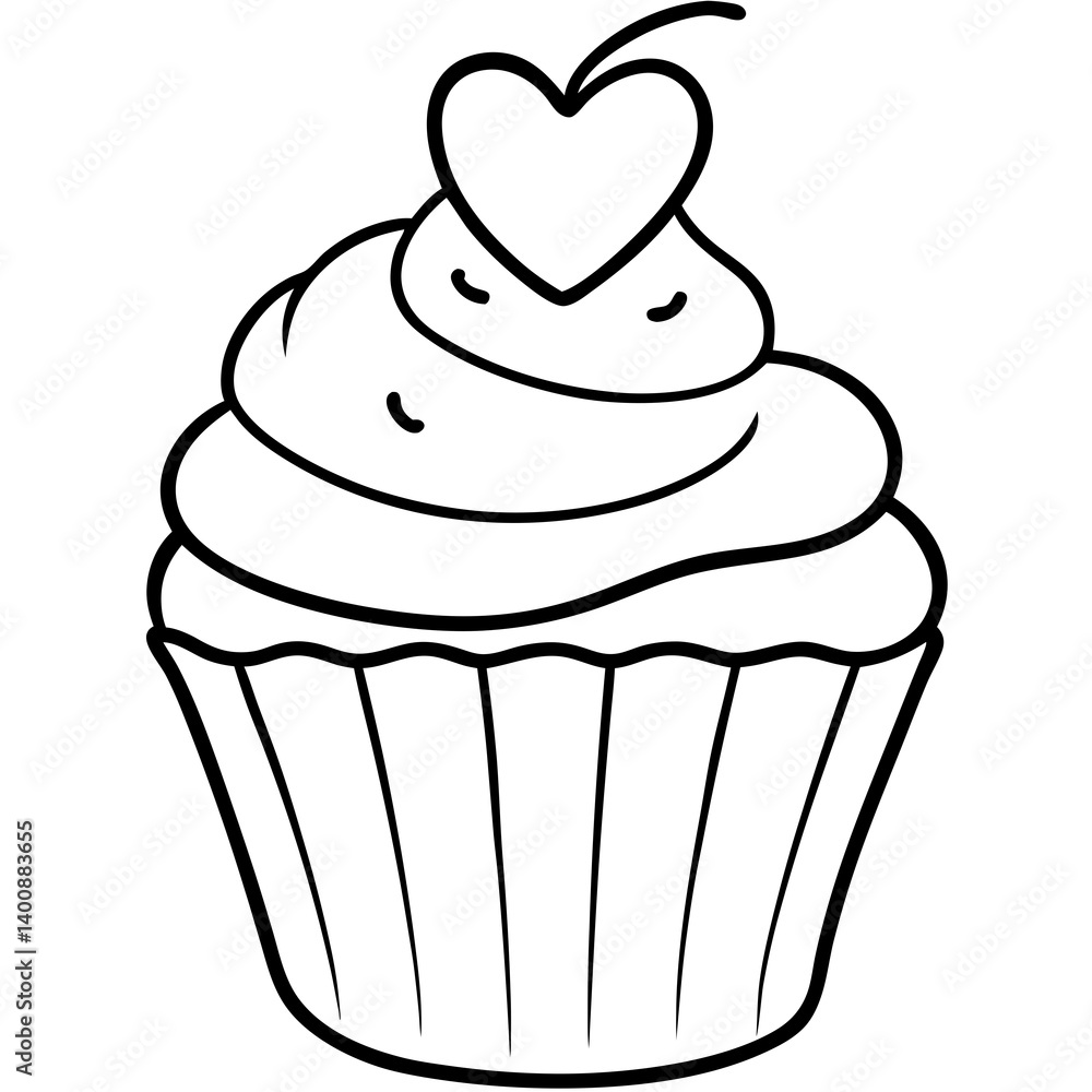 Minimalist Cupcake with Heart Icing Line Art Minimalist Cupcake with Heart Icing Line Art