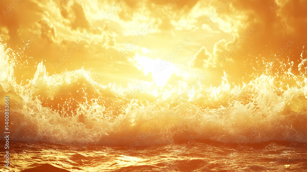 Splashing Ocean Wave at Sunset with Golden Light and Cloudy Sky Reflecting on Water Surface