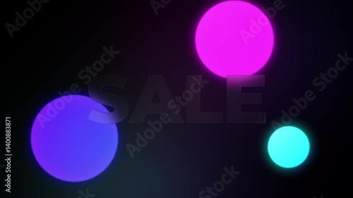 Business offer advertisement. Video with text loop animation. Glass morphism style. Sale word on glass with 3 glowing circle flying on background. Design element for banner, ad
