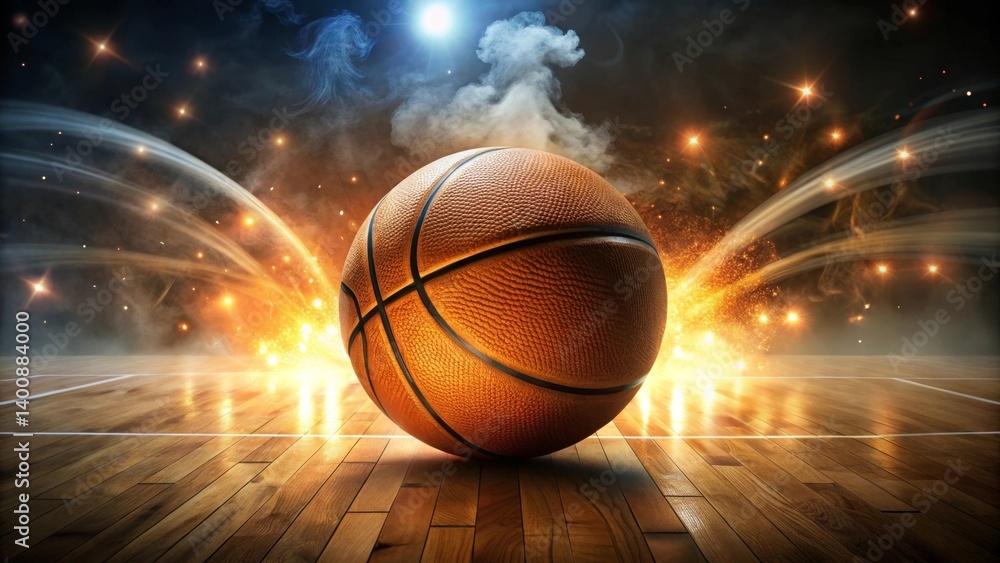 A Dramatic Close-Up of a Basketball on a Polished Hardwood Court, Surrounded by Energetic Light Trails and Explosive Sparks A Dramatic Close-Up of a Basketball on a Polished Hardwood Court, Surrounded by Energetic Light Trails and Explosive Sparks