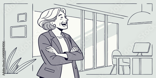 Happy laughing mature elder 60s business woman standing indoors. Senior mid age older stylish look woman portrait with crossed arms looking at camera at modern home office