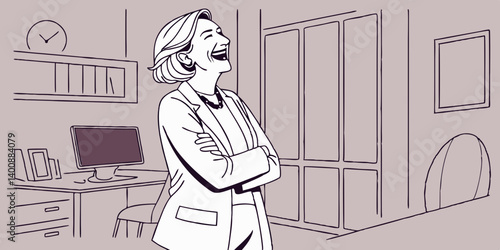 Happy laughing mature elder 60s business woman standing indoors. Senior mid age older stylish look woman portrait with crossed arms looking at camera at modern home office