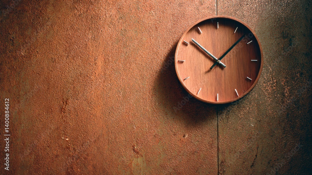 custom made wallpaper toronto digitalA minimalist wooden clock hangs on a textured rust-colored wall.