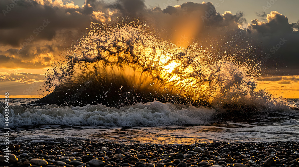Splashing Wave Illuminated by Golden Sunset Light on a Rocky Beach with Calm Ocean and Dramatic Clouds During a Warm Summer Evening