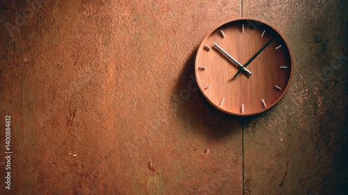 Wallpaper Mural A minimalist wooden clock hangs on a textured rust-colored wall. Torontodigital.ca