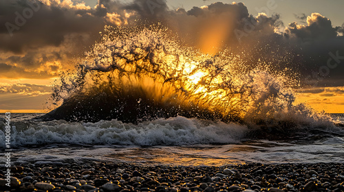 Obraz na płótnie Splashing Wave Illuminated by Golden Sunset Light on a Rocky Beach with Calm Ocean and Dramatic Clouds During a Warm Summer Evening w salonie