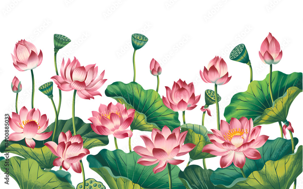 Blooming Lotus Garden: A serene collection of vibrant lotus flowers in full bloom, showcasing a palette of soft pinks and greens, exuding tranquility and natural elegance. Blooming Lotus Garden: A serene collection of vibrant lotus flowers in full bloom, showcasing a palette of soft pinks and greens, exuding tranquility and natural elegance.