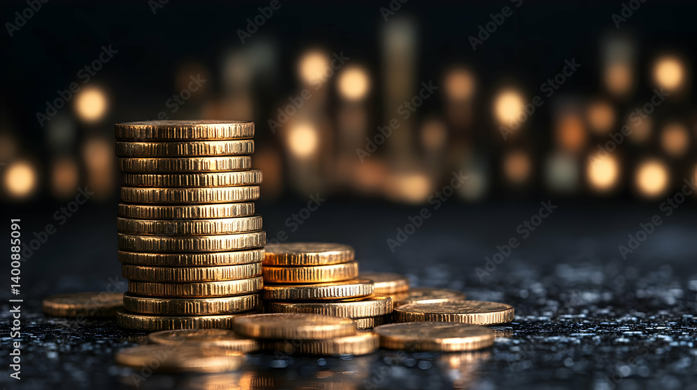 Stack of Golden Coins on Dark Wet Surface with Bokeh Background for Investment and Financial Success in Business and Wealth Management