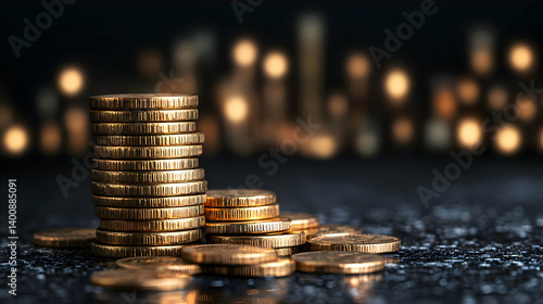 Obraz na płótnie Stack of Golden Coins on Dark Wet Surface with Bokeh Background for Investment and Financial Success in Business and Wealth Management w salonie