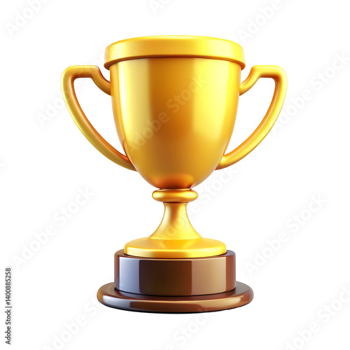 Golden trophy cup 3d rendering isolated on transparent background. Cartoon plastic style icon