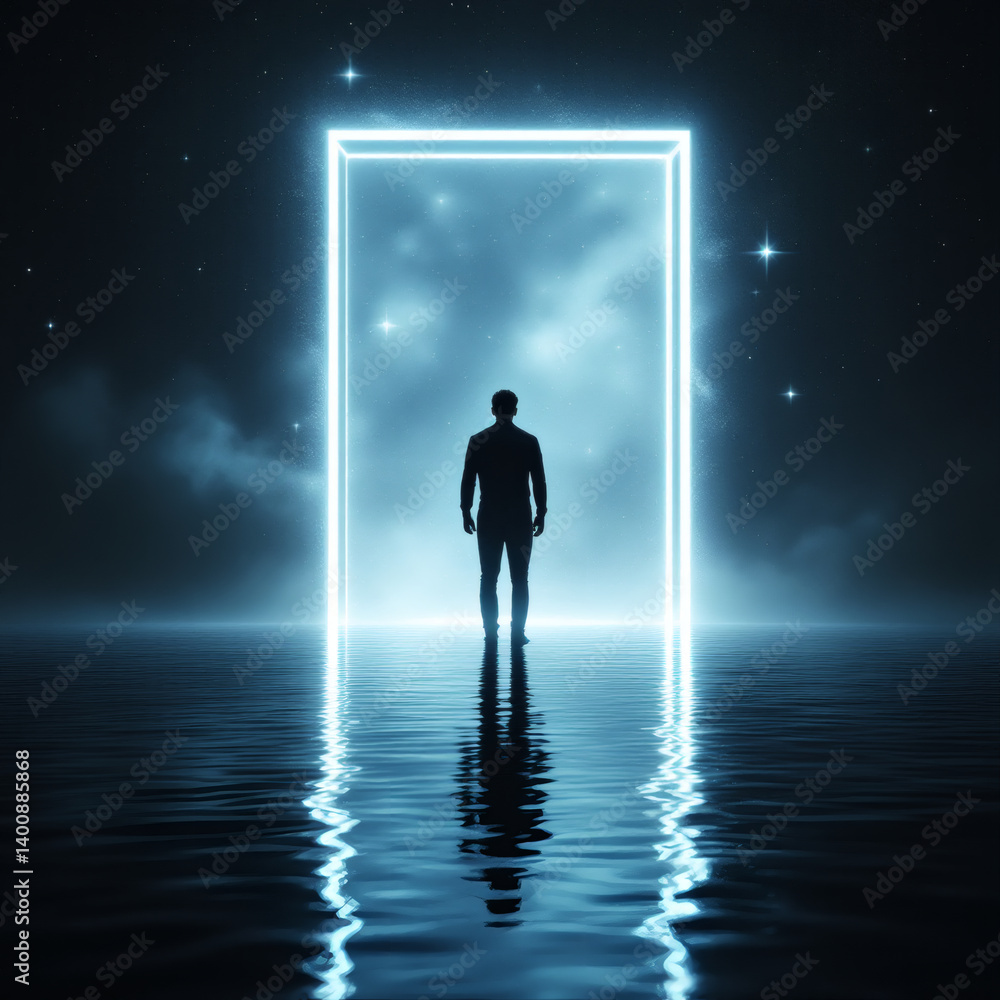 Obraz premium Mystical Portal to Another Dimension, Silhouette of a Man in Doorway Above Water, Fantasy Gateway, Ethereal Transformation, Cosmic Journey, Dreamlike Escape, Surreal Adventure