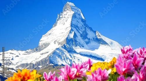 Majestic mountain peak with vibrant spring flowers