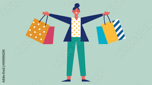 Fashionable Triumph An enthusiastic figure strikes a powerful pose with one leg forward showcasing an array of shopping bags in both hands. Each bag showcases unique patternspolka