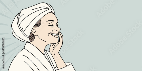 Happy smiling gorgeous middle aged woman wearing bathrobe and white towel touching face looking at window. Advertising of skin care spa wellness salon procedures concept. Closeup portrait