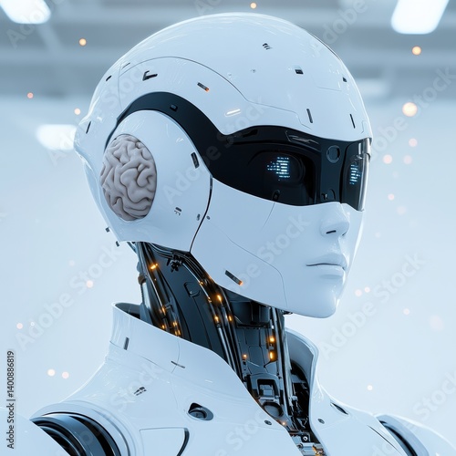 Glowing-eyed blue robot with a floating brain exudes determination in a hyper-realistic style