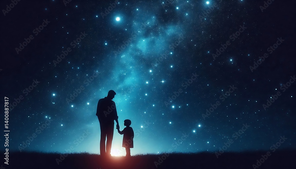 Father and Child Stargazing at Twilight Peaceful Night Sky Silhouette Father and Child Stargazing at Twilight Peaceful Night Sky Silhouette