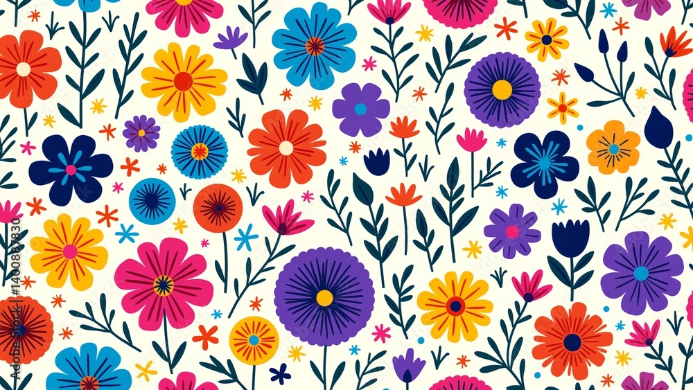 Fototapeta premium Vibrant Floral Pattern with Colorful Flowers and Abstract Design