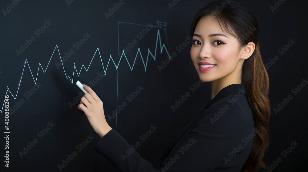 Asian female executive with digital pen annotating growth curves on smartboard, elegant and intelligent Asian female executive with digital pen annotating growth curves on smartboard, elegant and intelligent