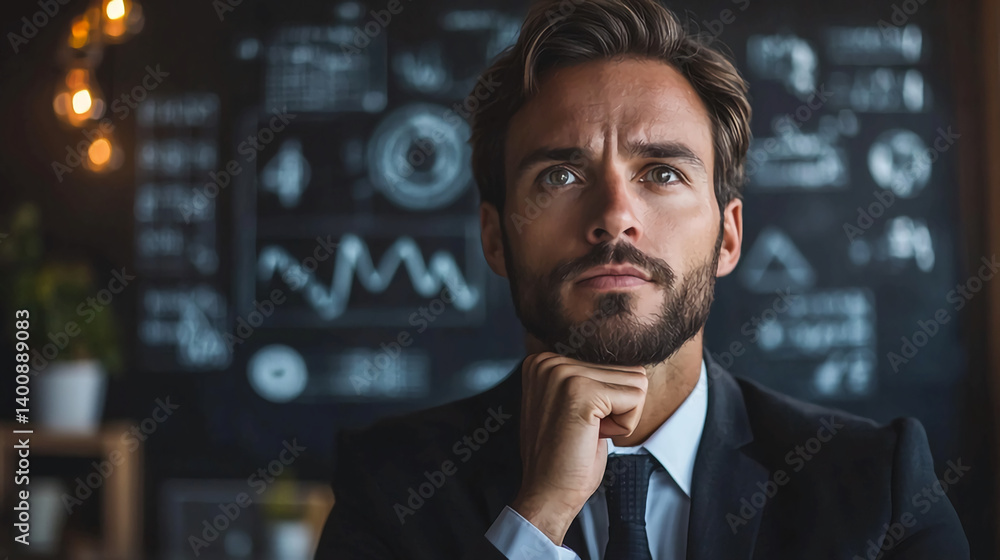 Portrait of thoughtful businessman in suit analyzing financial data on chalkboard background for strategy Portrait of thoughtful businessman in suit analyzing financial data on chalkboard background for strategy