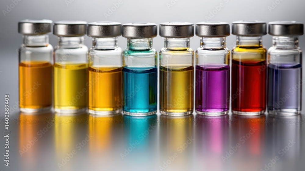 Row of glass vials filled with different colored liquids.