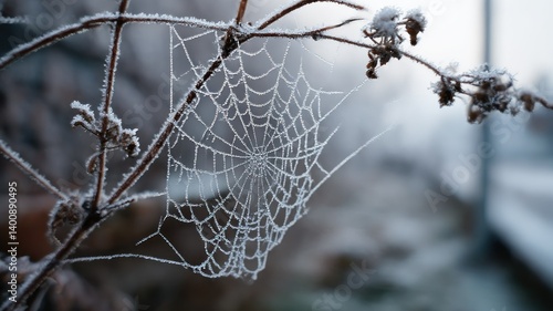 Frozen spiderweb on a plant branch on a cold winter day in a grey outdoor landscape.