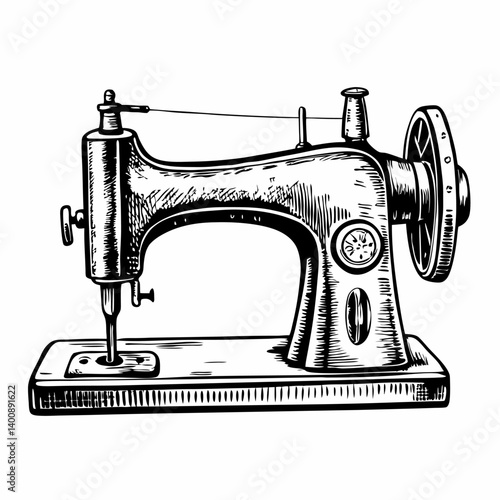 Vintage Sewing Machine Illustration in Hand Drawn Style for Tailoring and Crafting
