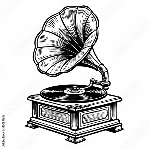 Vintage Gramophone Illustration Retro Music Player in Black and White  Art