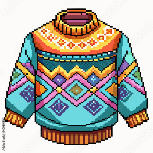 Vintage Pixel Art Colorful Sweater with Geometric Knit Patterns