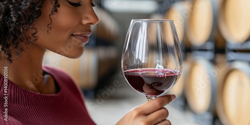 Woman savoring red wine in a winery against wooden barrels  
