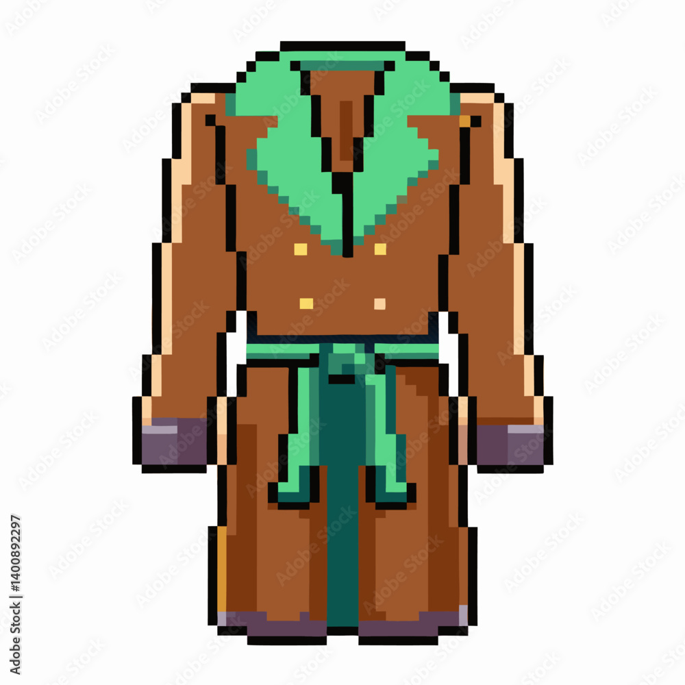 Fototapeta premium Pixel Art Brown Trench Coat with Green Collar and Belt Retro 8 bit Style Illustration