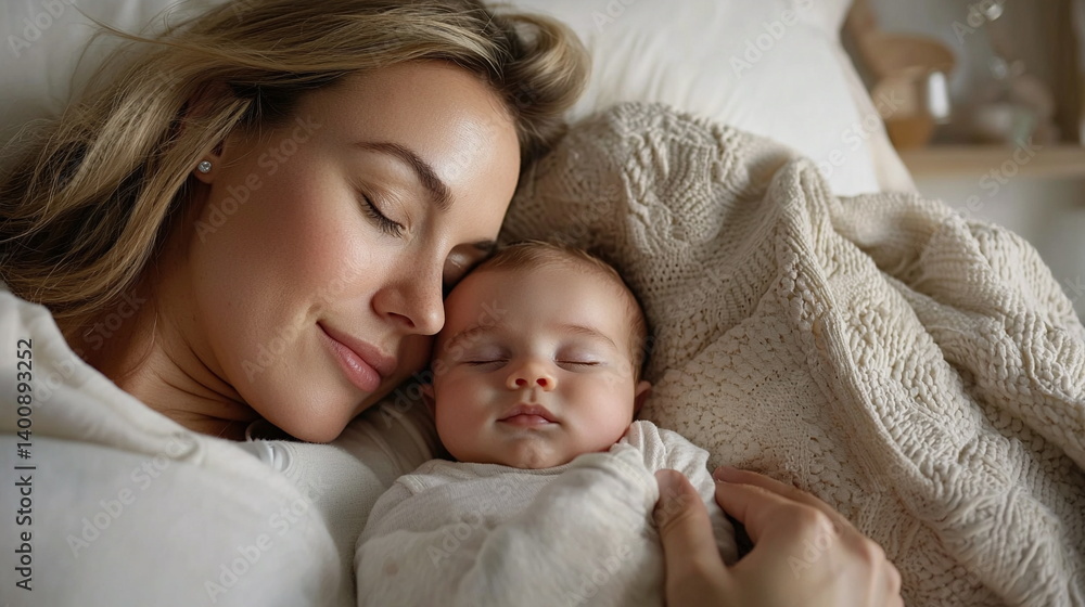 Mother and baby bonding peacefully in cozy bedroom Mother and baby bonding peacefully in cozy bedroom
