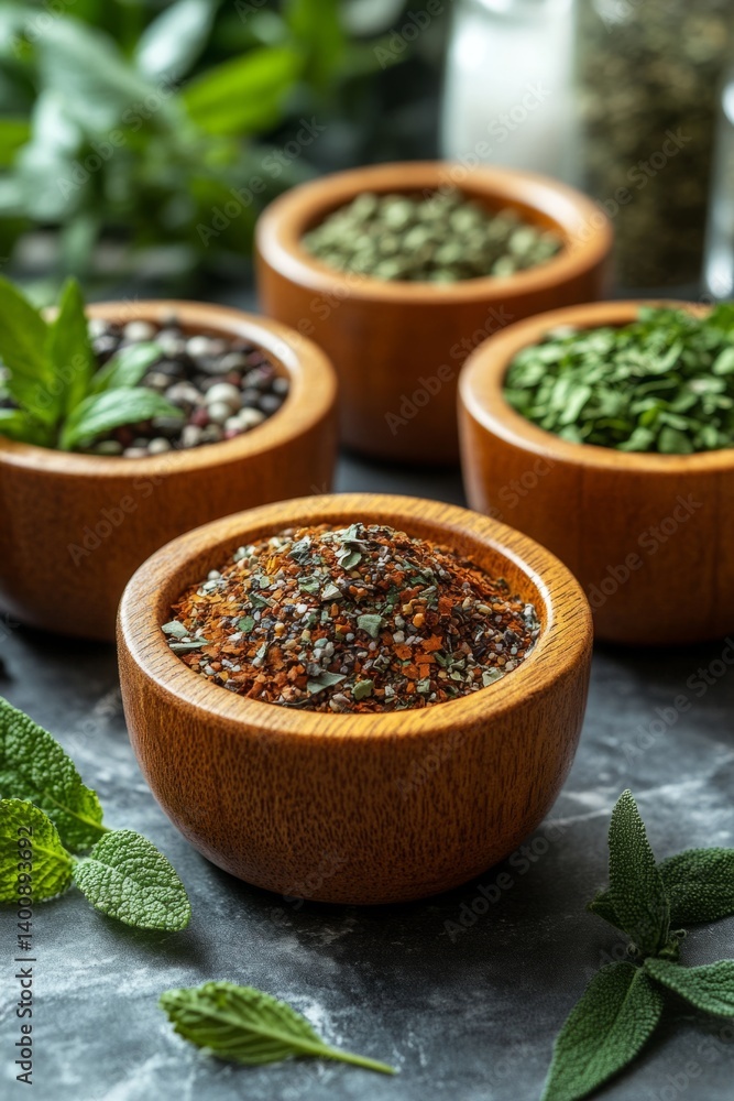 Close-up of wooden bowls containing herbs and seeds on a marble surface. Ideal for natural remedies or culinary ingredient themes. Close-up of wooden bowls containing herbs and seeds on a marble surface. Ideal for natural remedies or culinary ingredient themes.