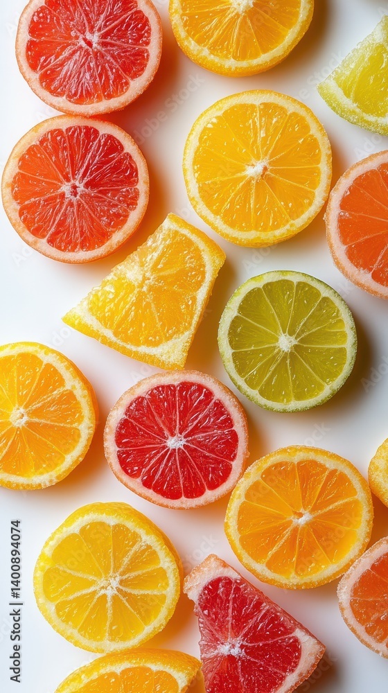 Colorful citrus slices arranged artfully on a white surface create a vibrant and fresh display of fruit Colorful citrus slices arranged artfully on a white surface create a vibrant and fresh display of fruit