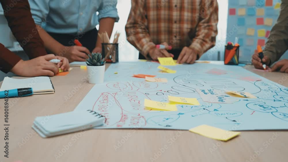 A dynamic scene capturing a group of professionals engaged in a creative brainstorming session, using sticky notes and a whiteboard in a modern office setting. SACTR A dynamic scene capturing a group of professionals engaged in a creative brainstorming session, using sticky notes and a whiteboard in a modern office setting. SACTR