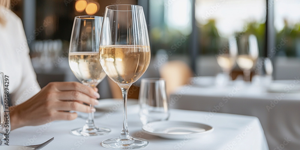 Elegant woman toasting with wine glasses in a fine dining setting Elegant woman toasting with wine glasses in a fine dining setting