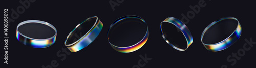 3d transparent glossy round disc with dispersion effect. Rainbow colors reflection glass. Vector illustration.