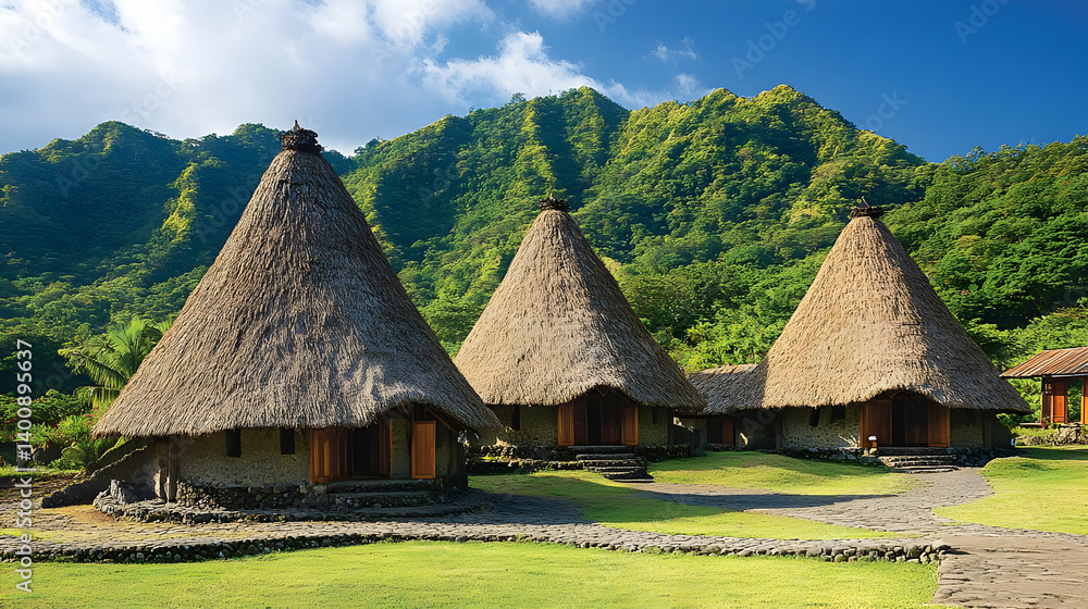 Thatched Huts with Green Mountain Backdrop in Rural Village Under Bright Sunny Sky in Summer Tropical Scenery