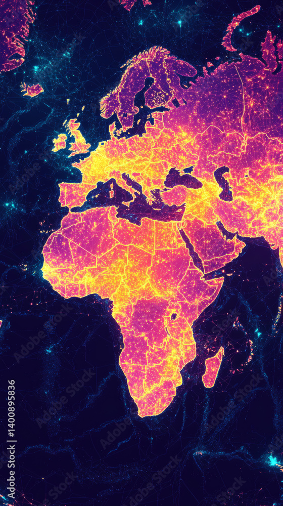 Fototapeta premium A vibrant, colorful map of Africa and Europe, displaying geographical features and urban areas with bright hues against a dark background.