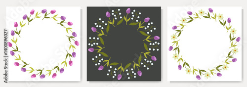 Floral round frames with daffodils, tulips and lilies of the valley