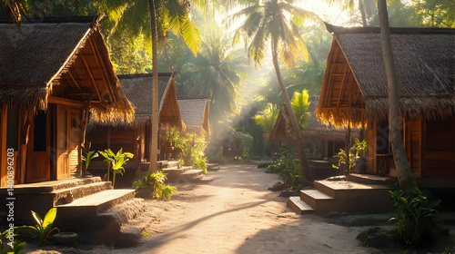 Thatched Roof Bungalows and Palm Trees Bathed in Morning Sunlight at Exotic Tropical Island Resort