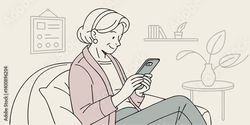 Relaxed mature old 60s woman, older middle aged female customer holding smartphone using mobile app, texting message, search ecommerce offers on cell phone technology device sitting on couch at home