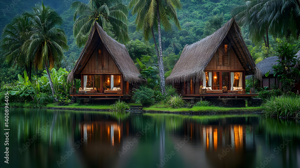 Thatched Roof Cabins Reflecting on Tropical Green Lake Serene Vacation Landscape with Wood Texture Building Exterior in Peaceful Idyllic Nature