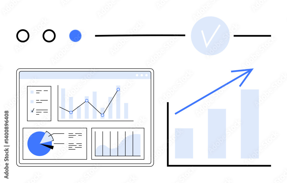 Analytics dashboard showing graphs, charts, and upward trend arrow. Ideal for data visualization, statistics, business growth, performance tracking, analytics, strategy flat simple metaphor Analytics dashboard showing graphs, charts, and upward trend arrow. Ideal for data visualization, statistics, business growth, performance tracking, analytics, strategy flat simple metaphor