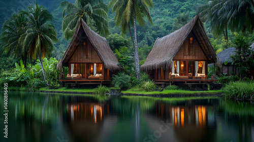 Obraz na płótnie Thatched Roof Cabins Reflecting on Tropical Green Lake Serene Vacation Landscape with Wood Texture Building Exterior in Peaceful Idyllic Nature w salonie