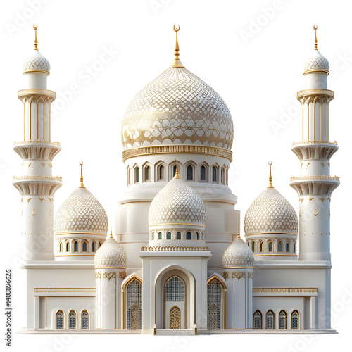 Majestic White Building with Golden Domes and Minarets Against Transparent Background