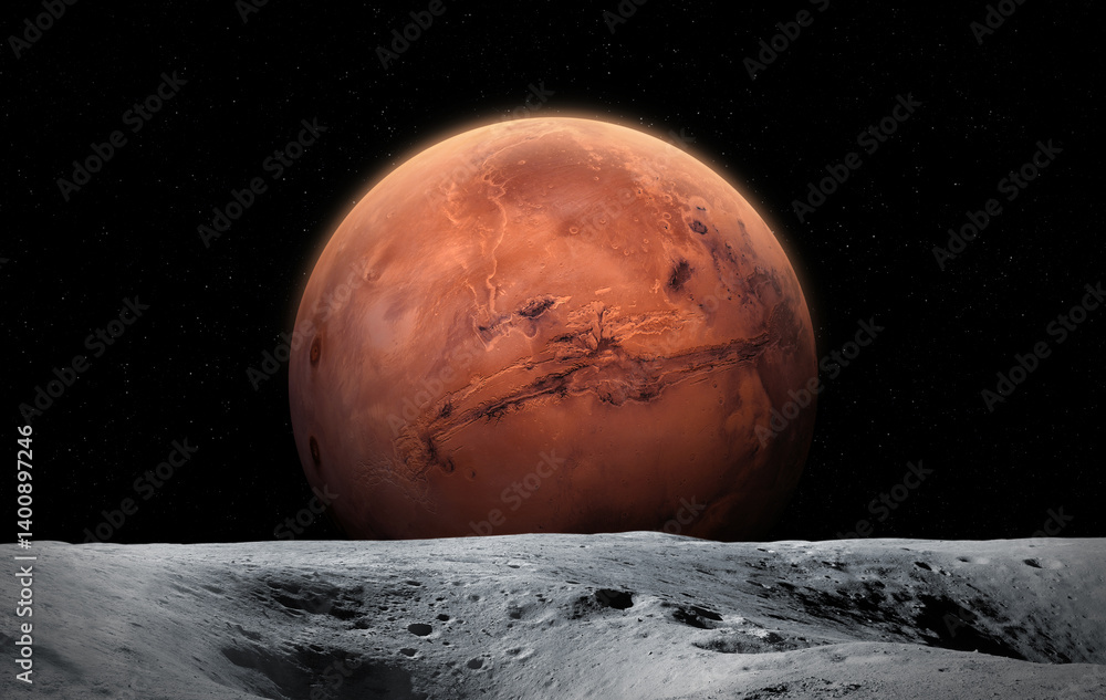 Moon and Mars. Moon surface with craters. View of planet Mars from the surface of the moon.