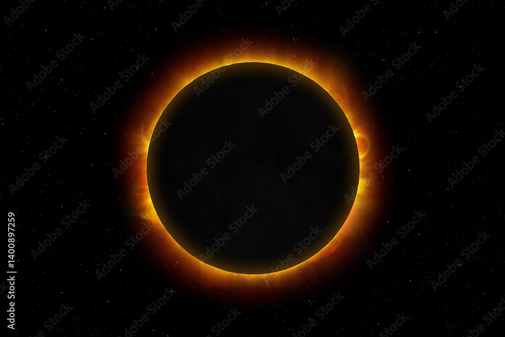 Solar eclipse. Natural phenomenon when Moon passes between planet Earth and Sun. Full Eclipse. 