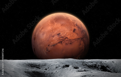 Obraz na płótnie Moon and Mars. Moon surface with craters. View of planet Mars from the surface of the moon. w salonie