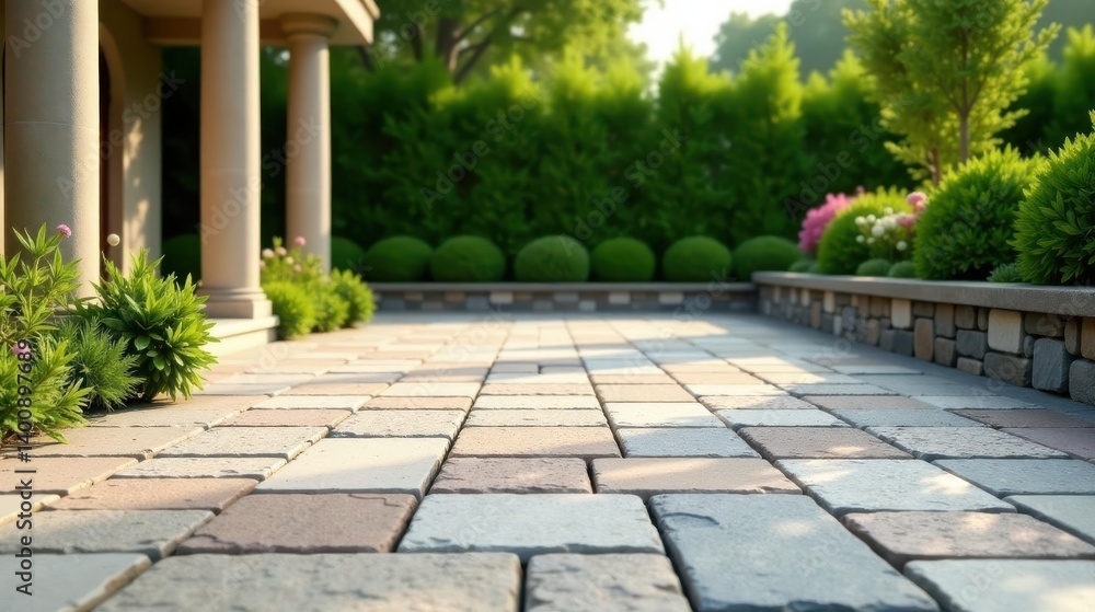 Serene Garden Path A sun-drenched patio leads to a meticulously landscaped backyard, showcasing lush greenery, vibrant blooms, and a thoughtfully designed stone retaining wall. Serene Garden Path A sun-drenched patio leads to a meticulously landscaped backyard, showcasing lush greenery, vibrant blooms, and a thoughtfully designed stone retaining wall.