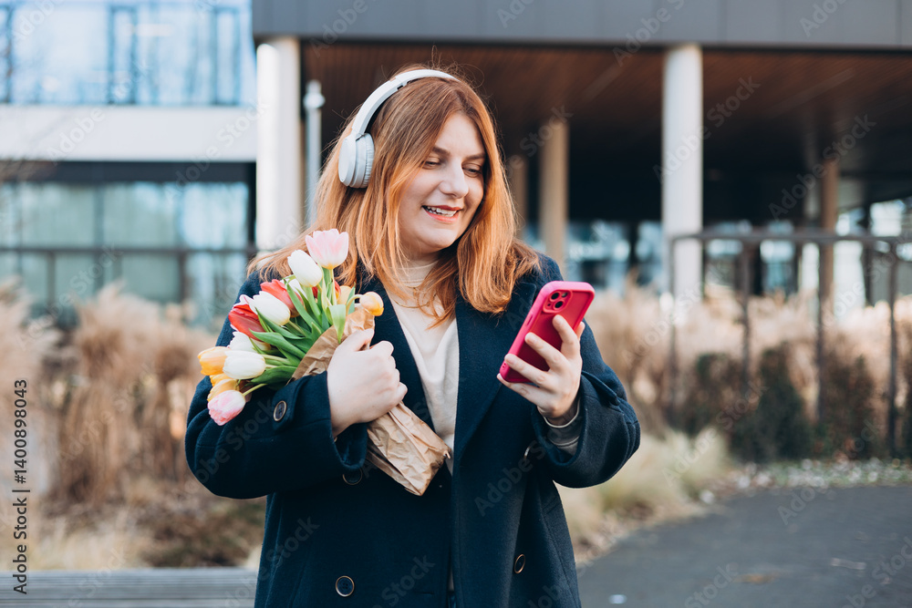 30s millennial Caucasian lady student in wireless headphones with phone listen music, enjoy audio lesson in university campus, outdoor. Woman holding bouquet of tulip on urban background.